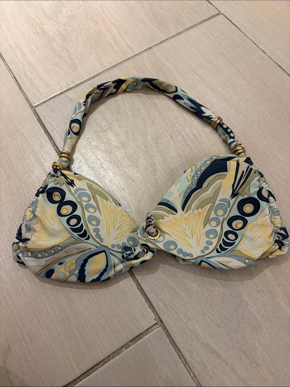 Cult Gaia Printed Halter Bikini Top in Yellow, Blue & Cream